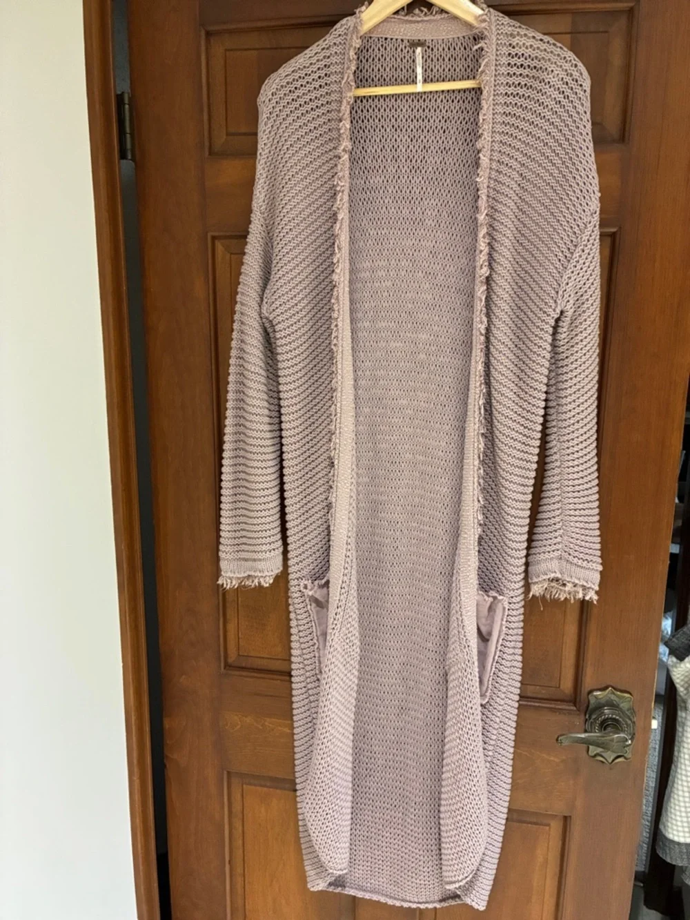 Free People Long Open-Front Cardigan in Dusty Mauve